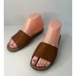 Vionic Val Slides Brown Leather Slip On Open Toe Comfort Flip Flop Sandal Sz 6